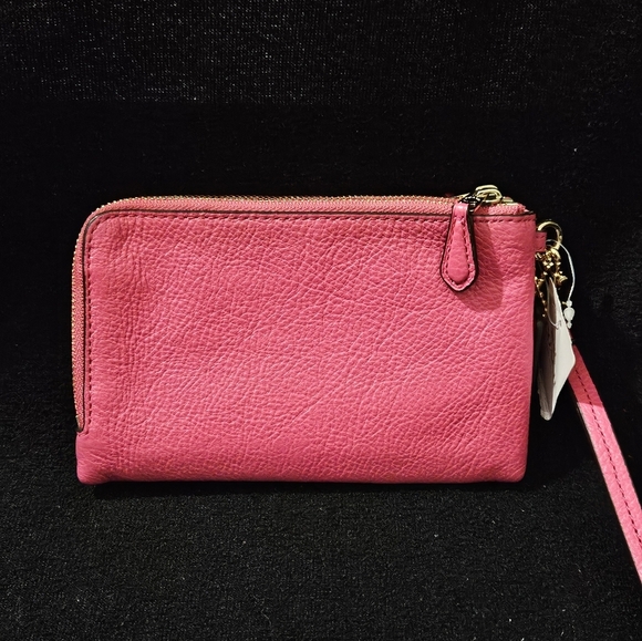 Coach Hot Pink Double Corner Zip Wristlet-NWT-Pebble Leather - Picture 3 of 11